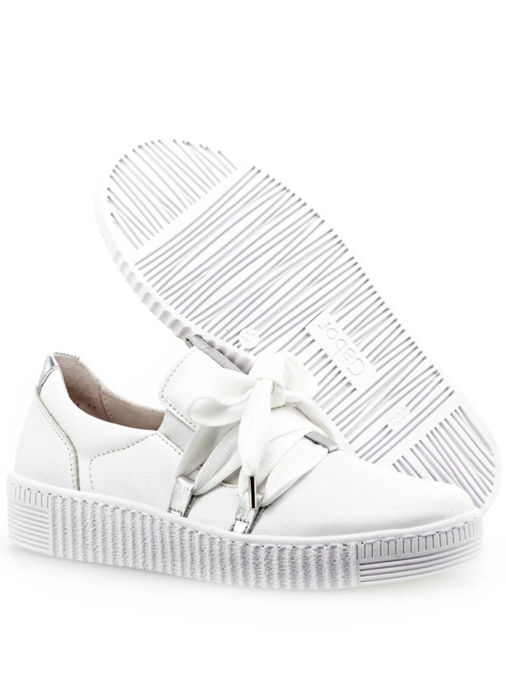 Gabor White Bow Sneaker Platform Lace-Up Sneaker with Silver Heel Tab